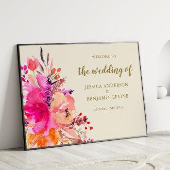 Small Chic Pink Watercolor Floral Wedding Welcome Sign Front View