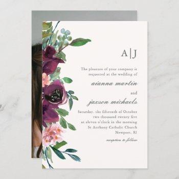 Small Chic Plum Watercolor Floral On Blush Photo Wedding Front View