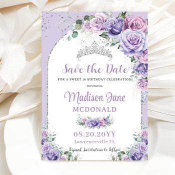 Small Chic Purple Lilac Floral Sweet 16 Silver Birthday Save The Date Front View