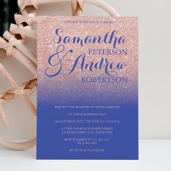 chic rose gold glitter royal blue wedding invitation