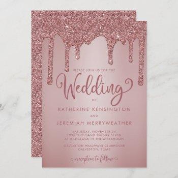 chic rose gold sparkle dripping glitter wedding invitation