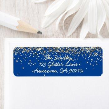 Small Chic Script Blue Glitter Wedding Return Address Label Front View