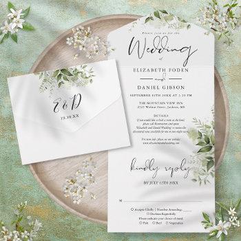 Small Chic Script Greenery Floral Details Rsvp Wedding All In One Front View