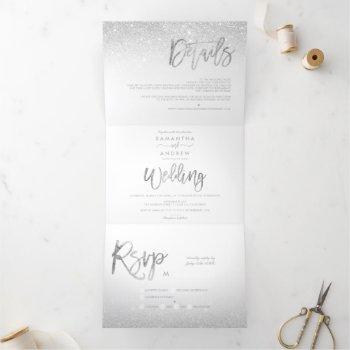 Small Chic Silver Glitter Typography Ombre White Wedding Tri-fold Front View