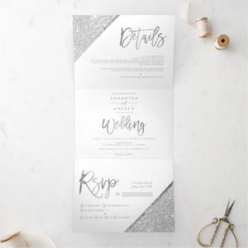Small Chic Silver Glitter Typography White Wedding Tri-fold Front View