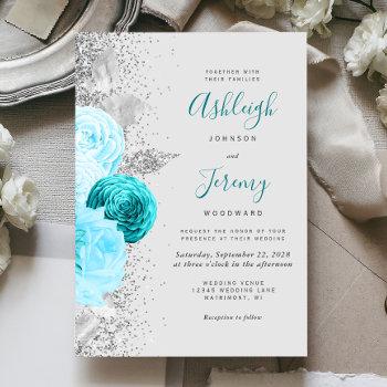 chic turquoise floral silver glitter gray wedding invitation