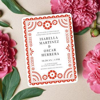 chic warm red papel picado inspired wedding invitation