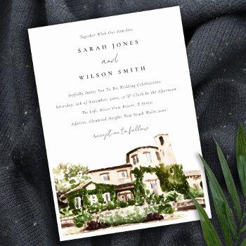 chic watercolor green winery vineyard wedding invitation