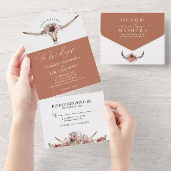 chic western bohemian floral cow skull wedding all in one invitation
