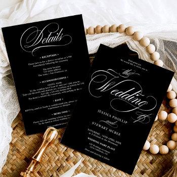 chic white black all in one calligraphy wedding  invitation