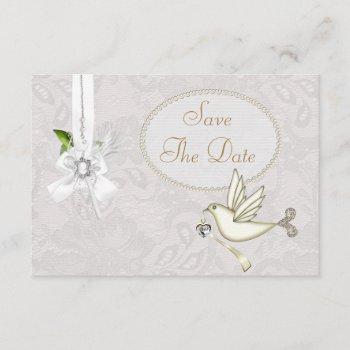 Small Chic White Dove Paisley Lace Save The Date Front View