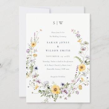 chic yellow lilac wildflower wreath wedding invite