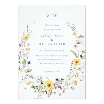 Small Chic Yellow Lilac Wildflower Wreath Wedding Invite Front View