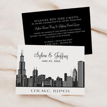chicago city skyline wedding black and white invitation
