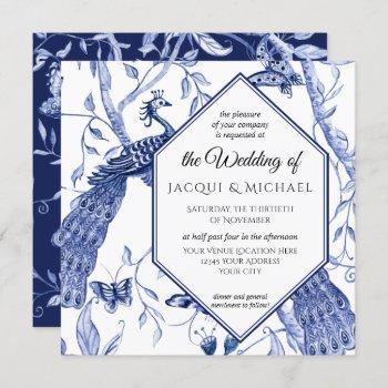 chinoiserie navy blue peacock butterfly hexagon invitation