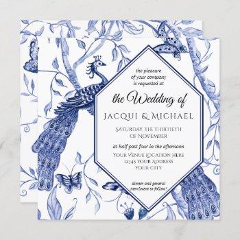chinoiserie navy blue peacock butterfly wedding invitation