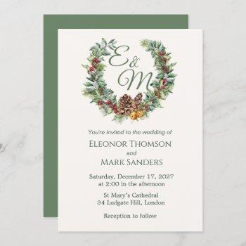 christmas berry, pine wreath monogram wedding invitation