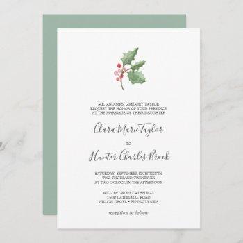 christmas greenery & red berry formal wedding invitation