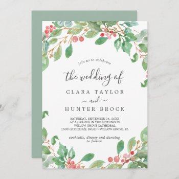christmas greenery & red berry the wedding of invitation