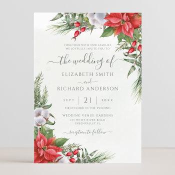 christmas poinsettia winter greenery wedding invitation