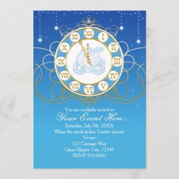 cinderella almost midnight blue gold invitations