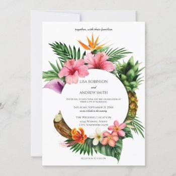 circular tropical hawaiian floral coconut wedding invitation