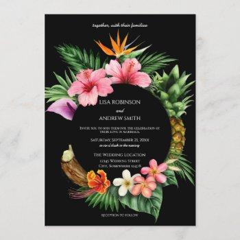 circular tropical hawaiian floral wedding- black invitation