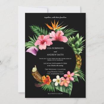 circular tropical hawaiian floral wedding- black invitation