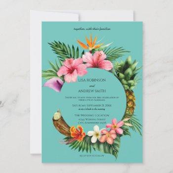 circular tropical hawaiian floral wedding- blue invitation