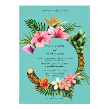 Small Circular Tropical Hawaiian Floral Wedding- Blue Front View