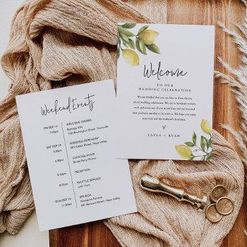 Small Citron Lemon Wedding Welcome Letter & Itinerary Front View