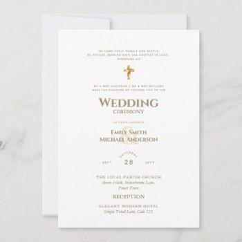 classic  all-in-1 white gold text catholic wedding invitation