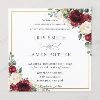 classic burgundy ivory floral gold wedding square invitation