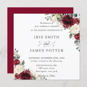 classic burgundy ivory floral wedding square invitation