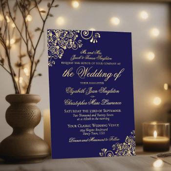 classic elegance gold on navy blue formal wedding foil invitation