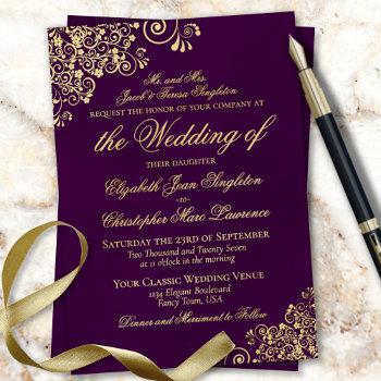 classic elegance plum purple formal wedding gold foil invitation