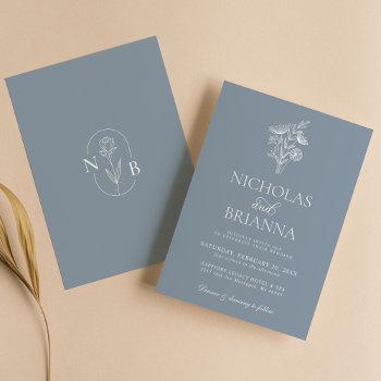 classic floral dusty blue wedding minimalist invitation