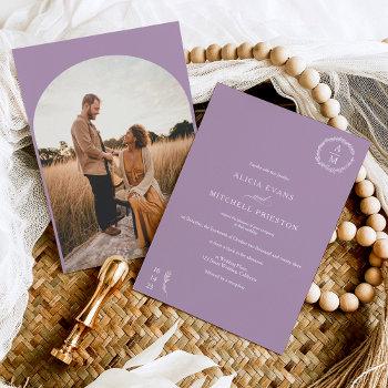 classic floral purple monogram wedding arch invitation