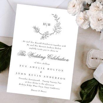classic floral wreath double monogram wedding invitation