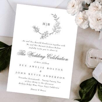 classic floral wreath monogram wedding invitation