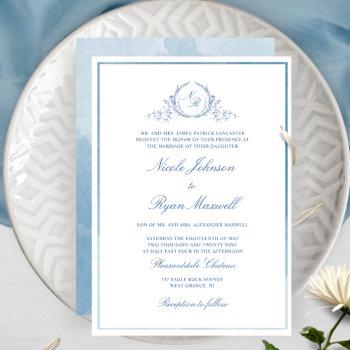 classic formal blue monogram wedding invitation