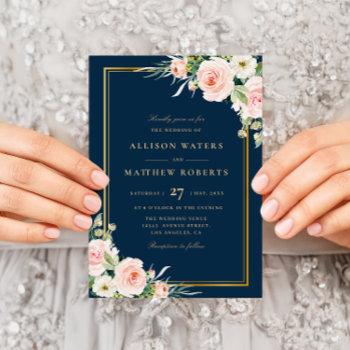 classic gold frame pink blush floral navy wedding invitation