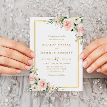 classic gold frame pink blush floral wedding invitation