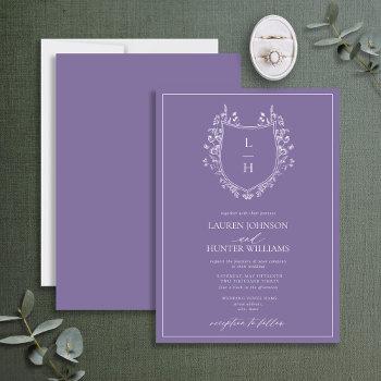 classic lavender wildflower monogram crest wedding invitation