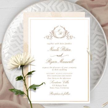 classic monogram beige cream watercolor wedding invitation