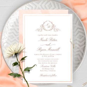 classic monogram peach watercolor wedding invitation