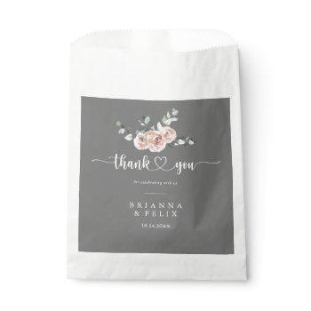 Small Classic Pink Rose Floral Gray Thank You Wedding  Favor Bag Front View