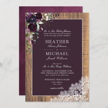 classic plum purple rustic wood script wedding invitation