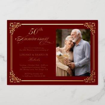 classic red gold frame wedding anniversary photo foil invitation