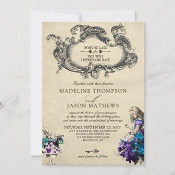 classic vintage dark alice in wonderland wedding invitation
